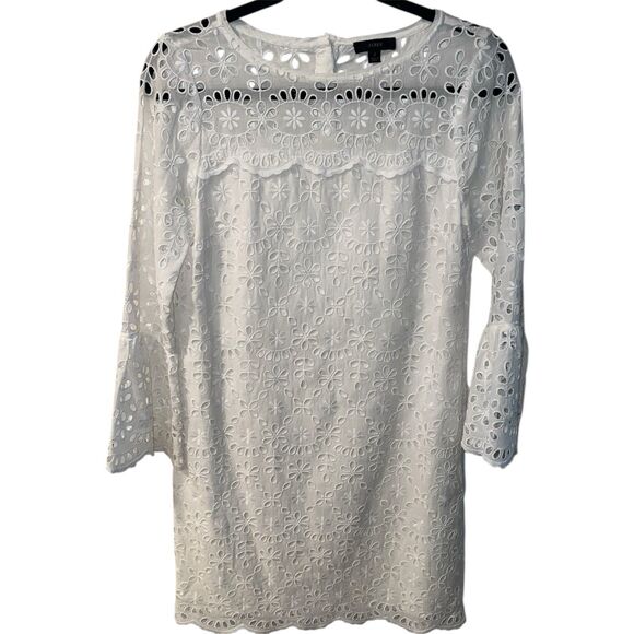 J Crew Dress Womens Sz 2 White Bell Sleeve Eyelet Embroidered Sheath Feminine - Picture 10 of 10